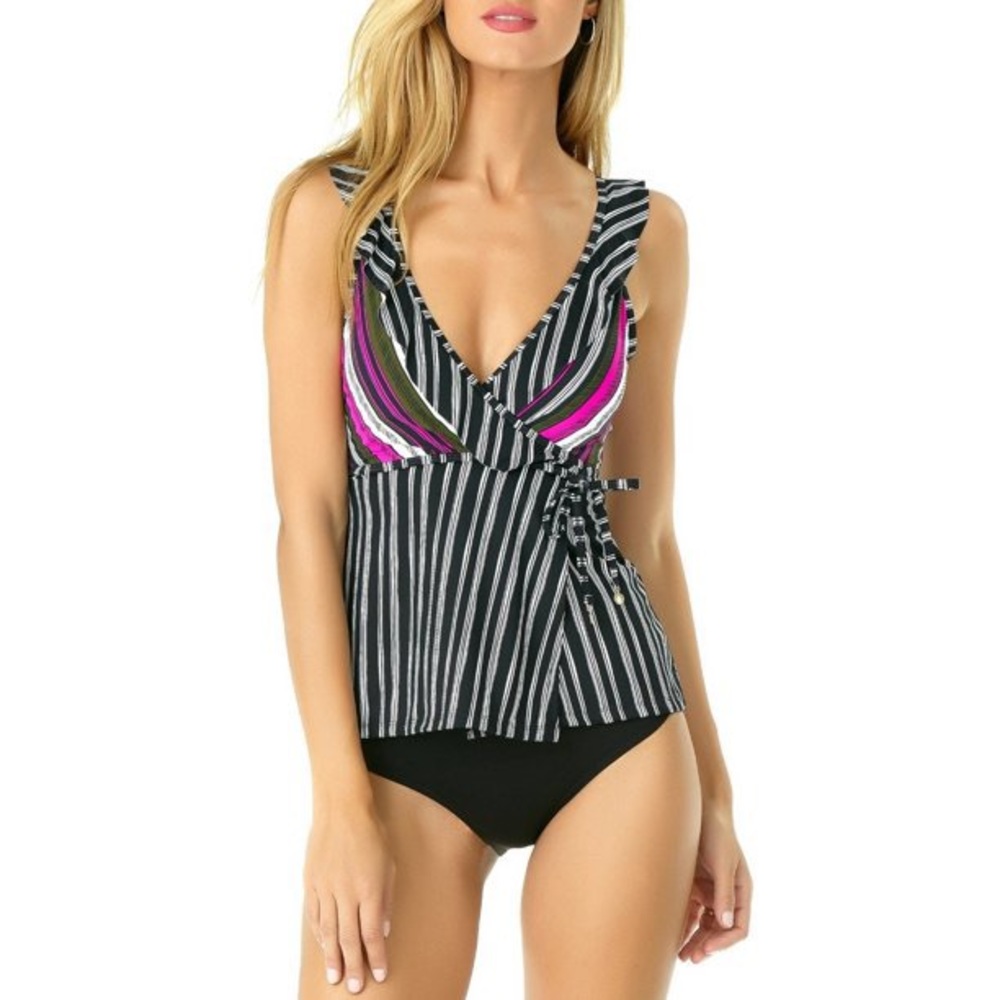 Anne Cole Sketchbook Stripe Wrap Flounce Tankini Swim top